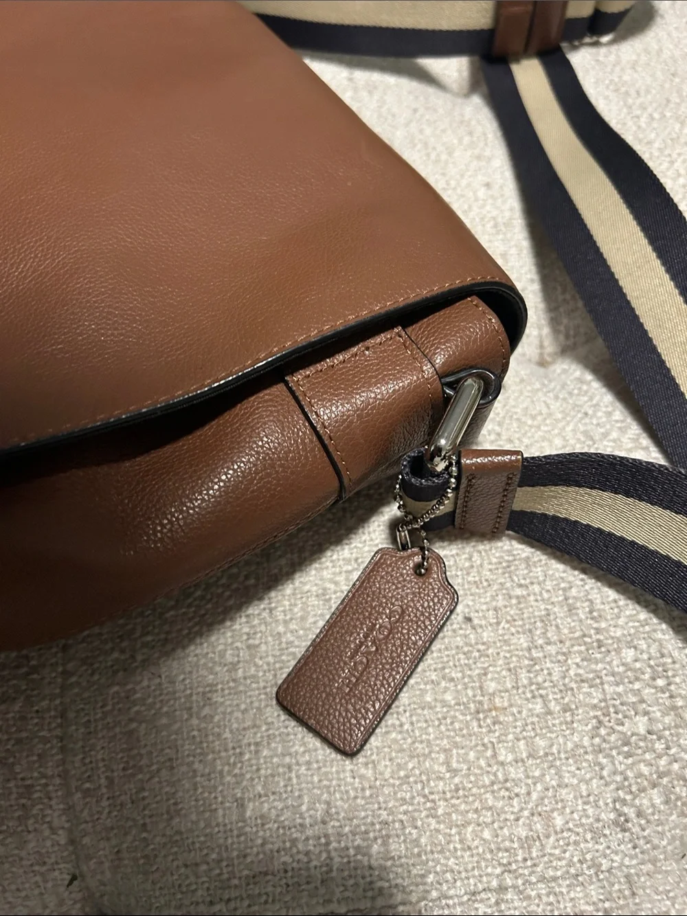 Coach Brown Leather Messenger Bag with Striped Strap